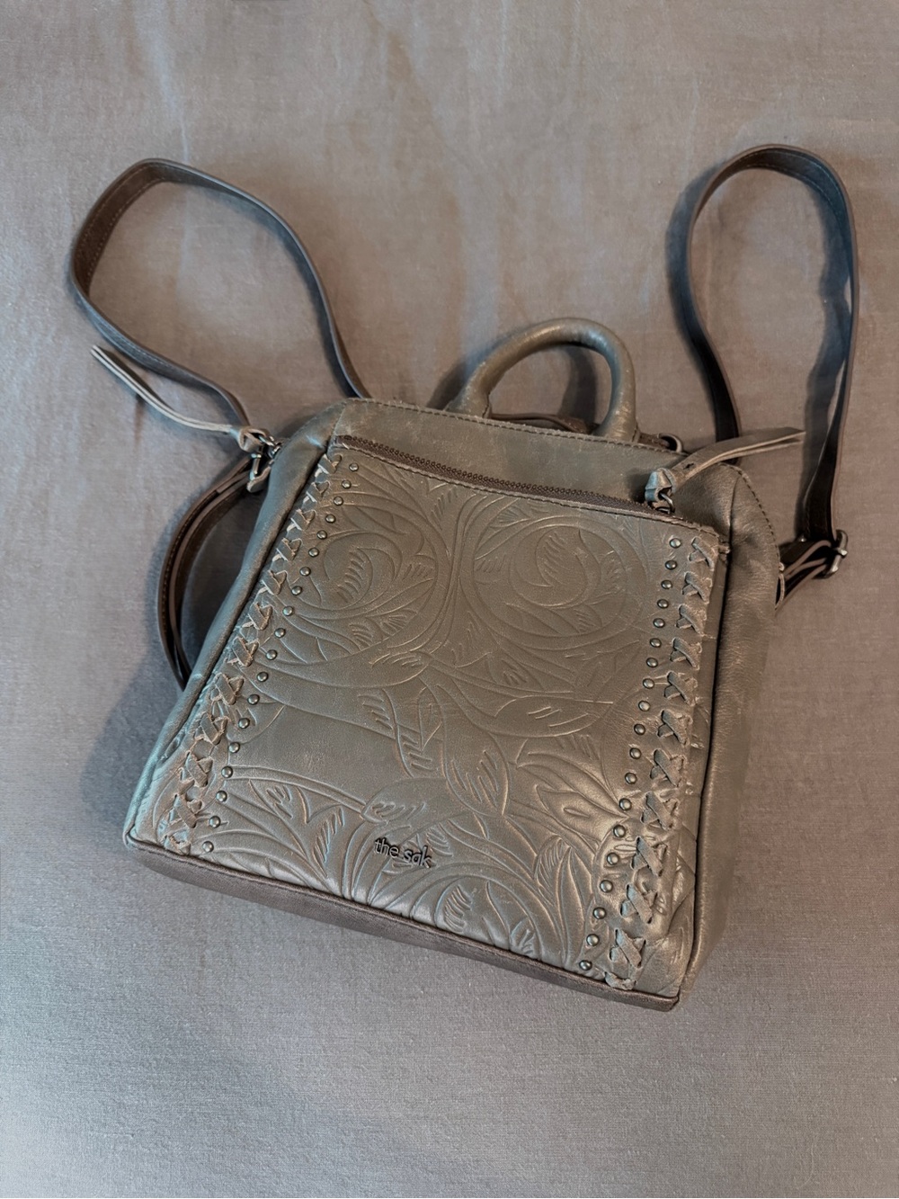 THE SAK Grey TOOLED LEATHER LOYOLA MINI CONVERTABLE BACKPACK CROSSBODY PURSE